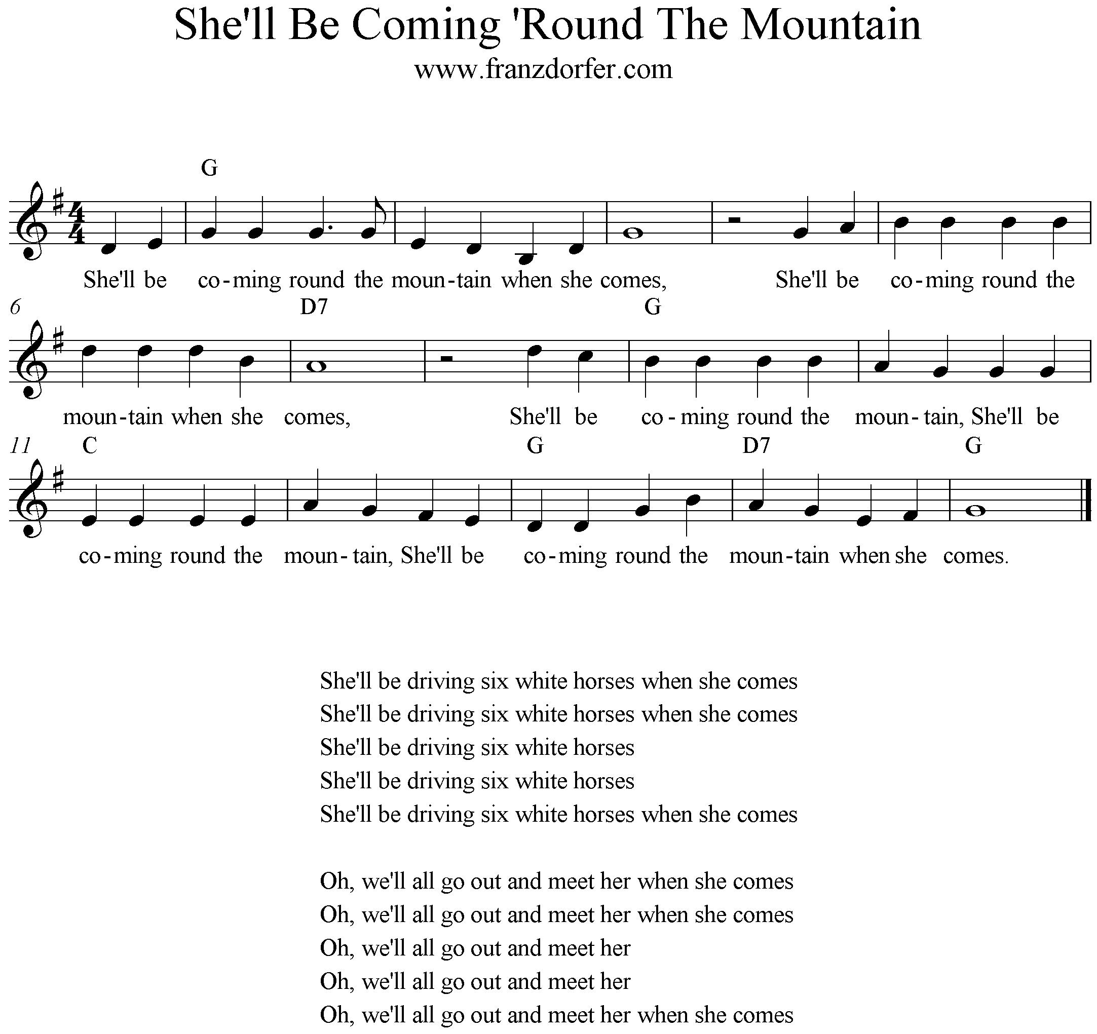 freesheet Music She'll Be Coming Round The Mountain